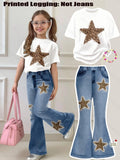 Ensemble décontracté deux pièces pour filles : T-shirt à manches courtes et col rond et pantalon évasé – Avec imprimé léopard rétro et motifs étoiles pour