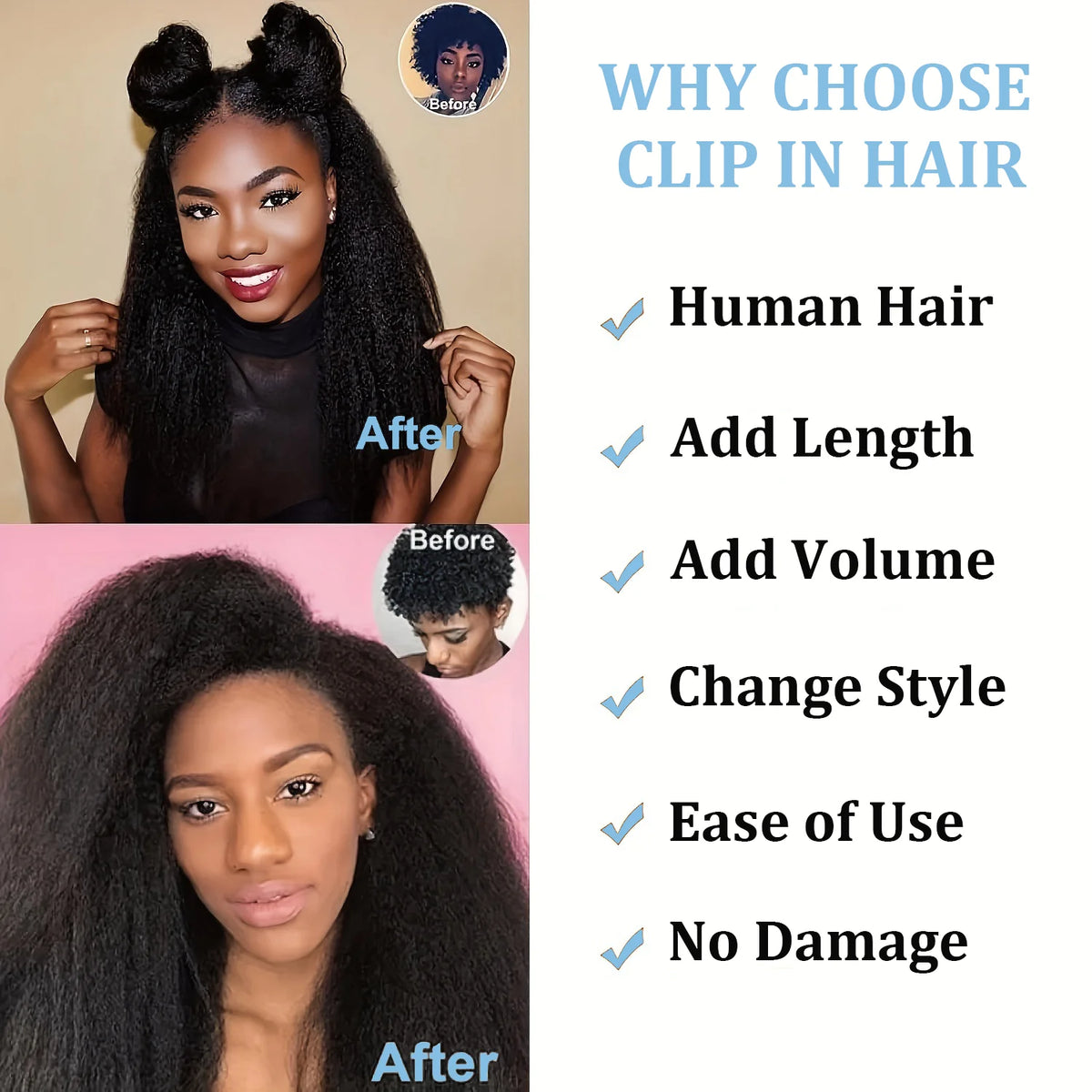 Extensions de cheveux humains crépus lisses, couleur naturelle, 100% cheveux humains Remy, 120G, 8 pièces/ensemble, tête complète pour femmes
