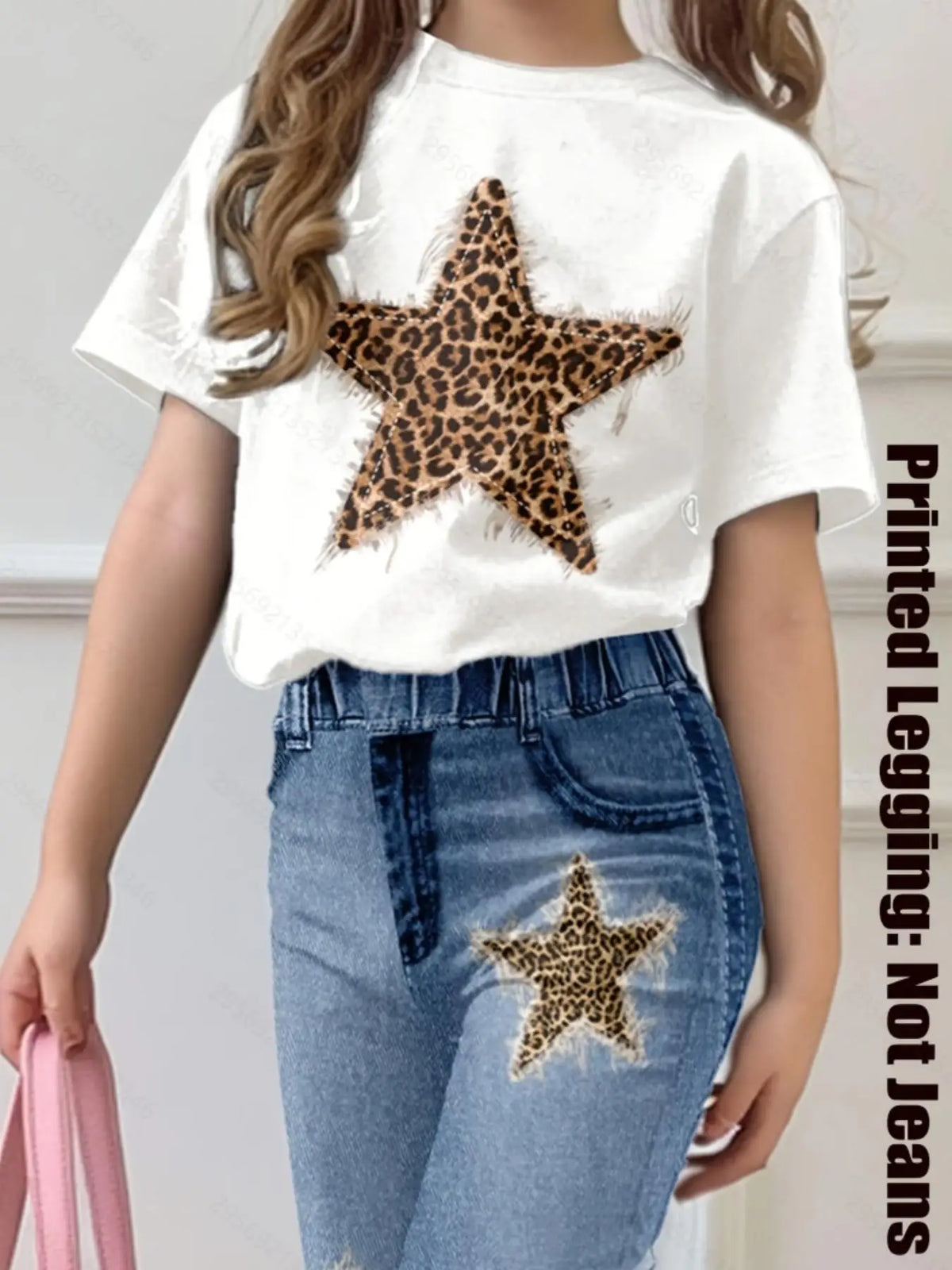 Ensemble décontracté deux pièces pour filles : T-shirt à manches courtes et col rond et pantalon évasé – Avec imprimé léopard rétro et motifs étoiles pour