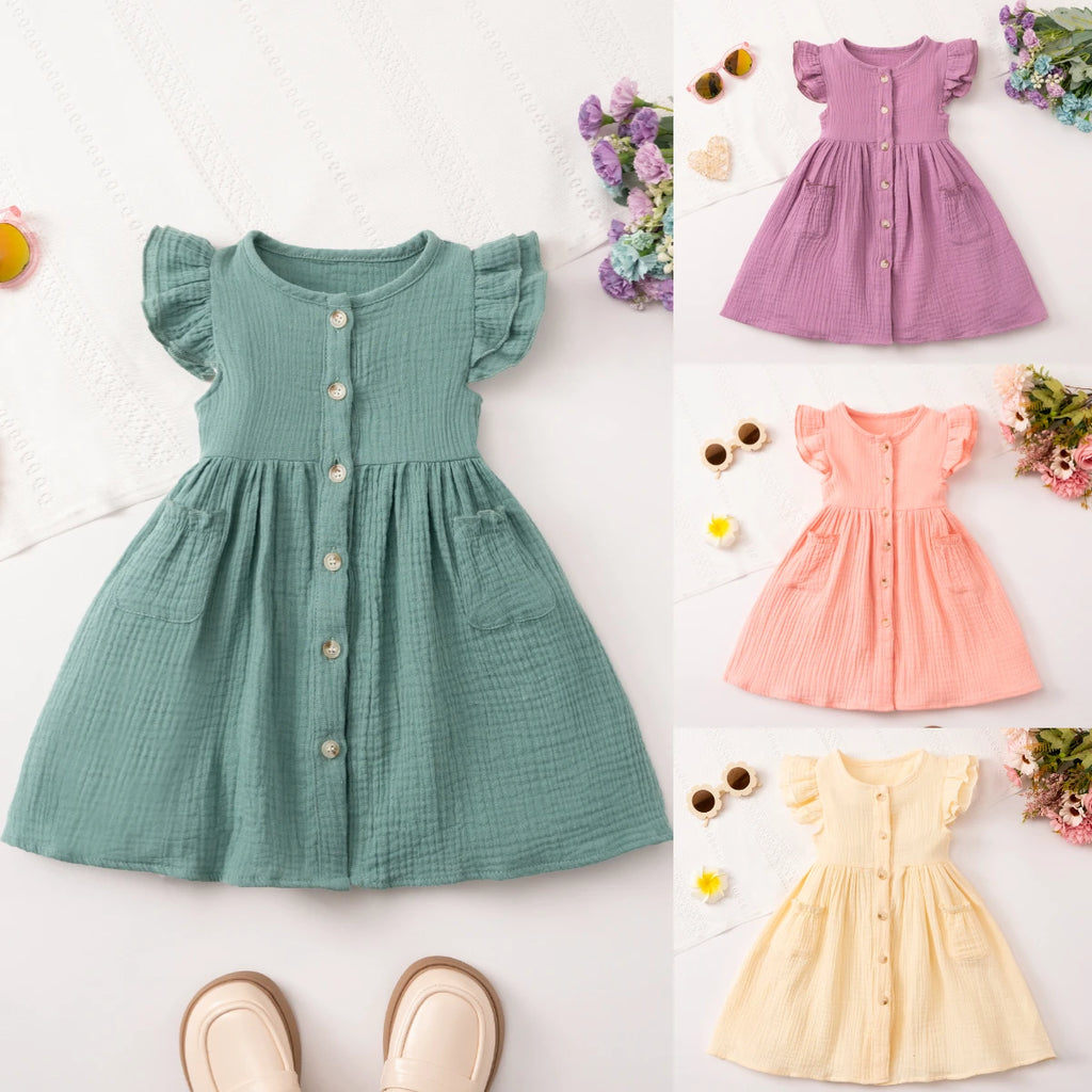 Robe d'été en mousseline de coton pour filles, manches évasées, boutons, style vintage, douce et confortable, vêtements pour filles de 1 à 7 ans