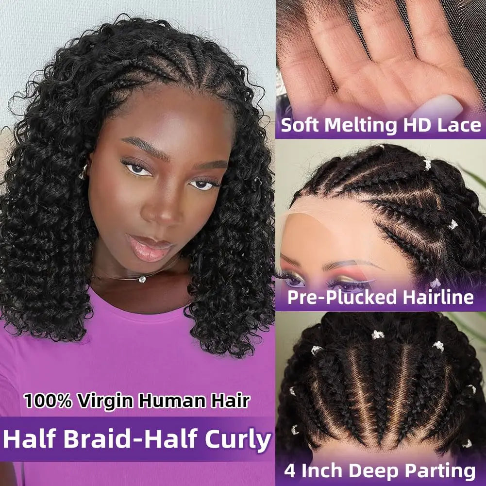 Perruque Bob tressée style cornrow, cheveux humains brésiliens bouclés profonds, sans nœuds, perruque complète en dentelle 13x4, pré-tressée, style boho box braids pour femmes