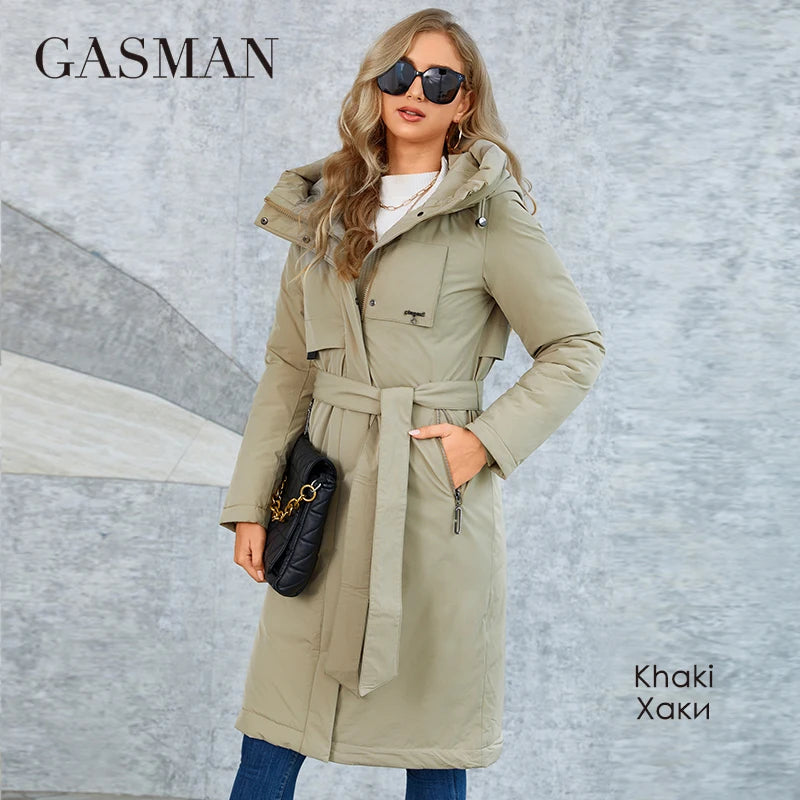 Gasmama – manteau Long et chaud en duvet pour femme, veste classique, fermeture éclair, laçage, poches, à capuche, Slim, collection hiver GM-82160