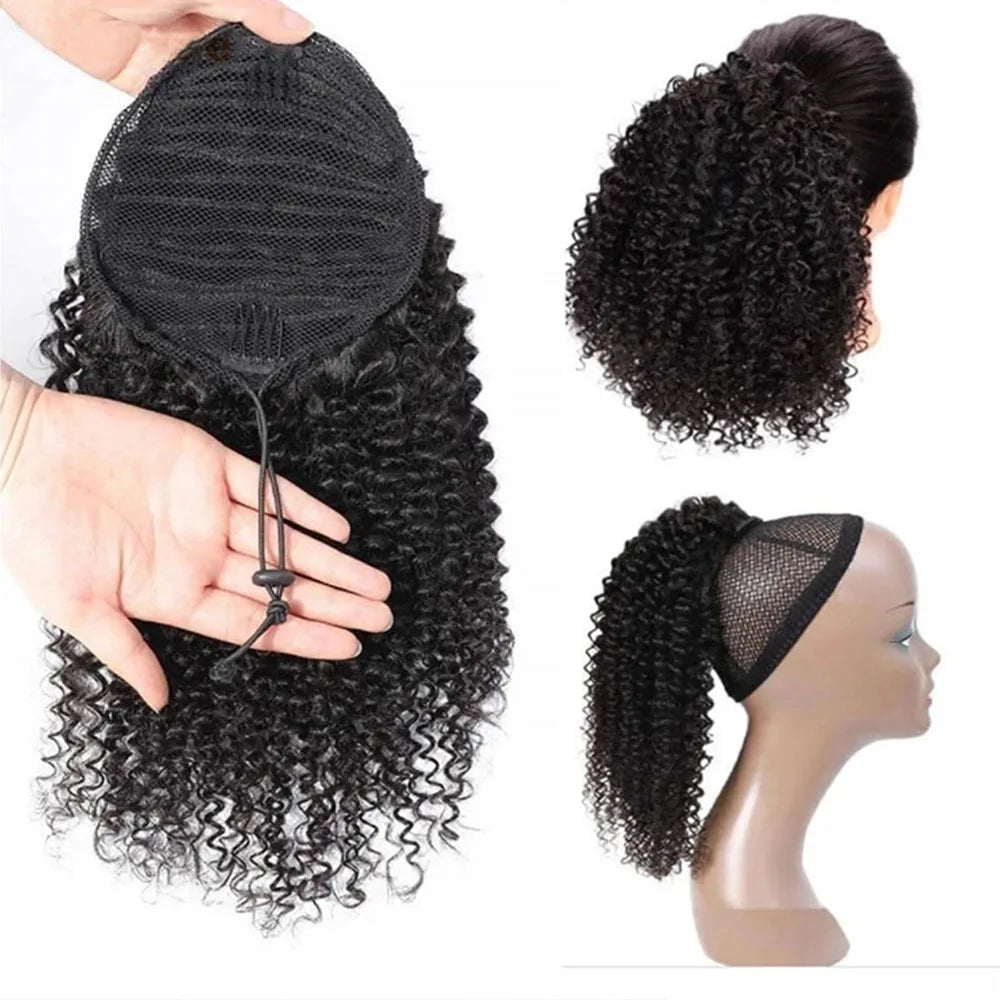 Queue de cheval 140G Kinky Curly 100% cheveux humains, extensions de cheveux humains à cordon de serrage, queue de cheval vietnamienne naturelle à clipser.