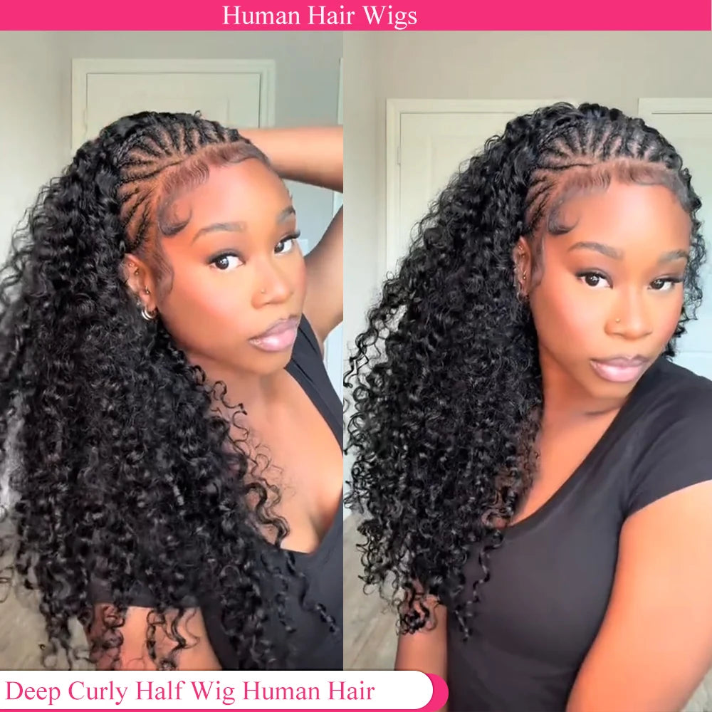 Demi-perruque bouclée profonde cheveux humains sans colle perruque cheveux humains prêt à porter 3 en 1 demi-perruque cordon Jerry bouclés demi-perruque sans colle