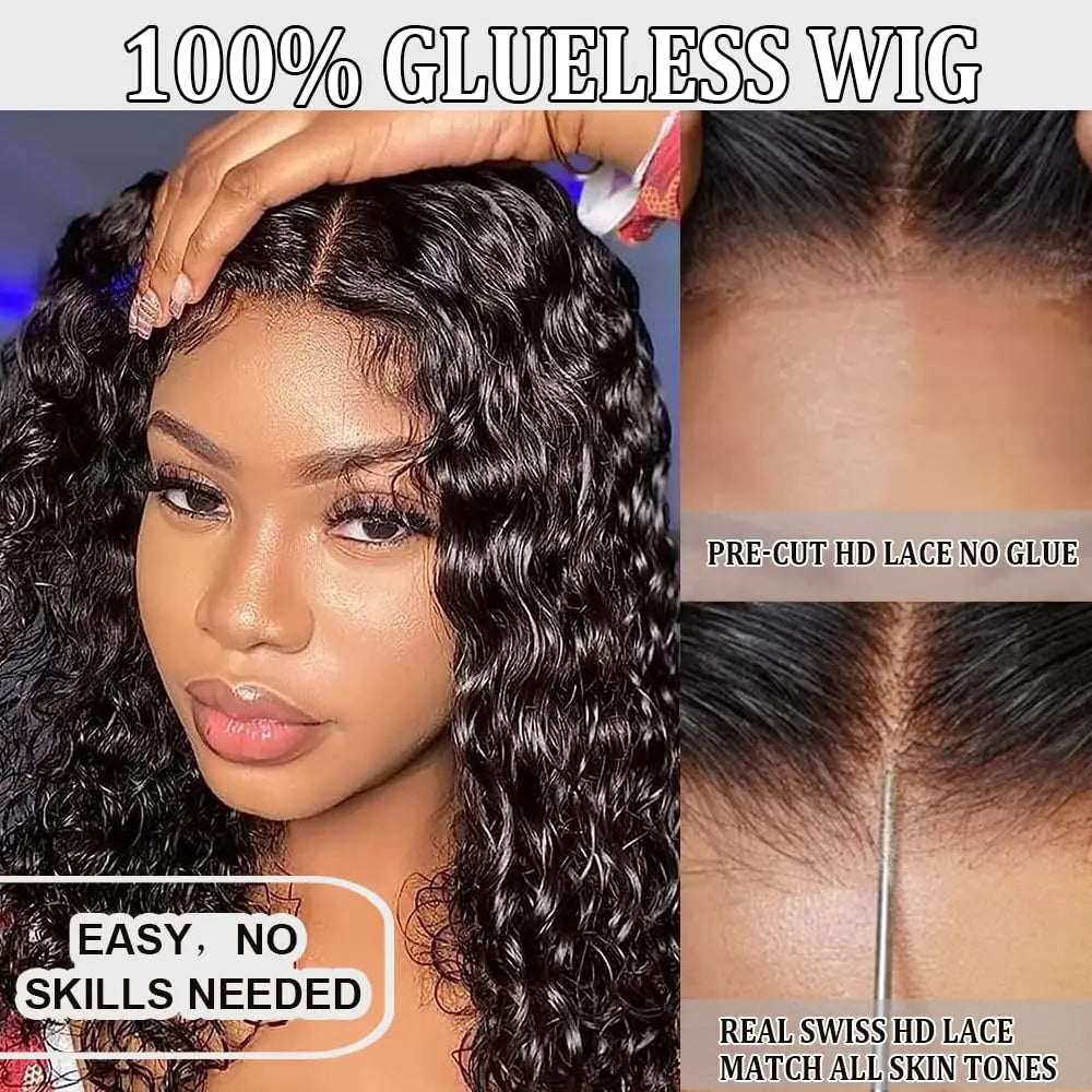Perruques Lace Front Wig sans colle bouclées profondes, cheveux humains pour femmes, Transparent 4x4, fermeture en dentelle sans colle, cheveux bouclés