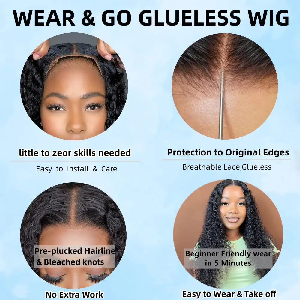 Perruques Lace Front Wig sans colle bouclées profondes, cheveux humains pour femmes, Transparent 4x4, fermeture en dentelle sans colle, cheveux bouclés