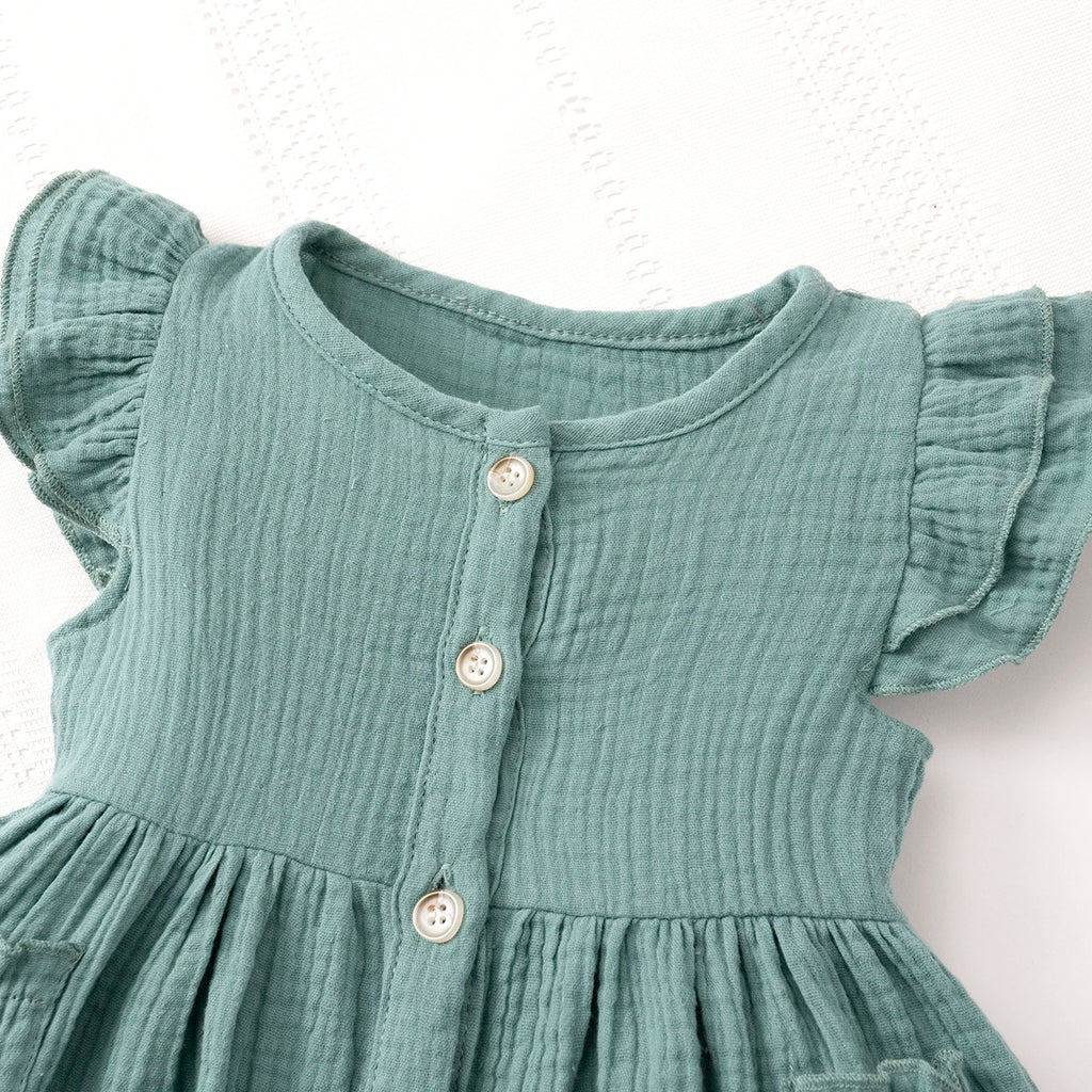 Robe d'été en mousseline de coton pour filles, manches évasées, boutons, style vintage, douce et confortable, vêtements pour filles de 1 à 7 ans