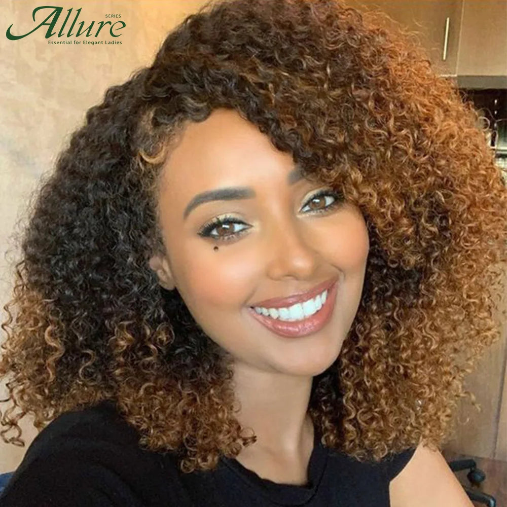 Perruques brésiliennes Jerry Curly en cheveux humains pour femmes, couleur brun foncé, cheveux courts bouclés, perruque sans colle, perruques afro crépues Allure