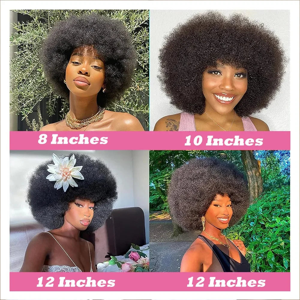 Perruques de cheveux humains bouclés Afro courts avec frange perruques Bob naturelles moelleuses perruques brésiliennes entièrement fabriquées à la Machine en vente 180% densité