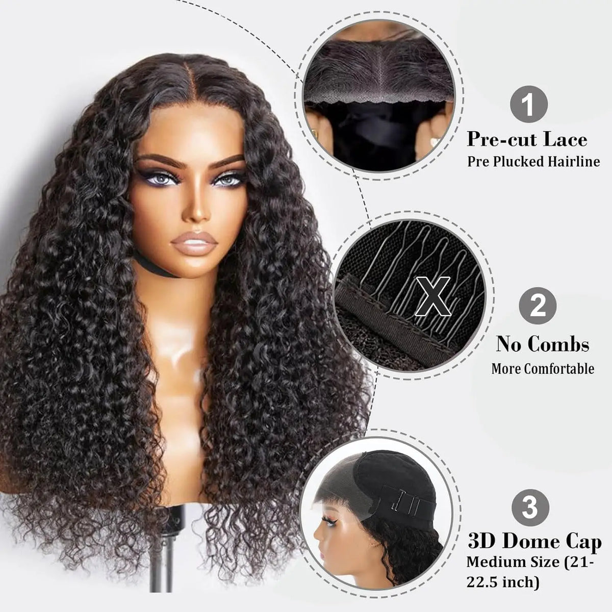 Perruques Lace Front Wig sans colle bouclées profondes, cheveux humains pour femmes, Transparent 4x4, fermeture en dentelle sans colle, cheveux bouclés