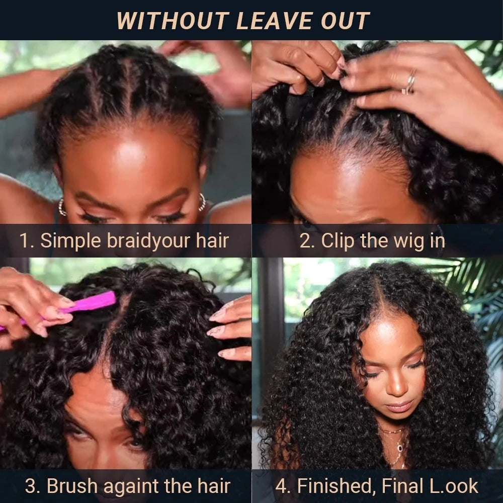 Perruque V-Part 250% Kinky Curly en Cheveux Humains, Sans Tissage apparent, Améliorée, Ondulations Profondes, Perruque Demi-Tête Sans Colle à Clipser pour Femmes
