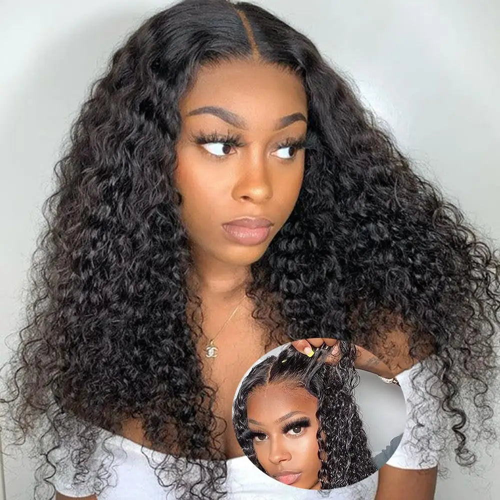 Perruques Lace Front Wig sans colle bouclées profondes, cheveux humains pour femmes, Transparent 4x4, fermeture en dentelle sans colle, cheveux bouclés