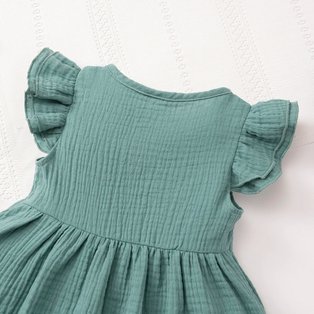 Robe d'été en mousseline de coton pour filles, manches évasées, boutons, style vintage, douce et confortable, vêtements pour filles de 1 à 7 ans