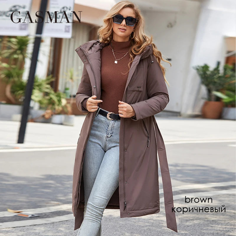Gasmama – manteau Long et chaud en duvet pour femme, veste classique, fermeture éclair, laçage, poches, à capuche, Slim, collection hiver GM-82160