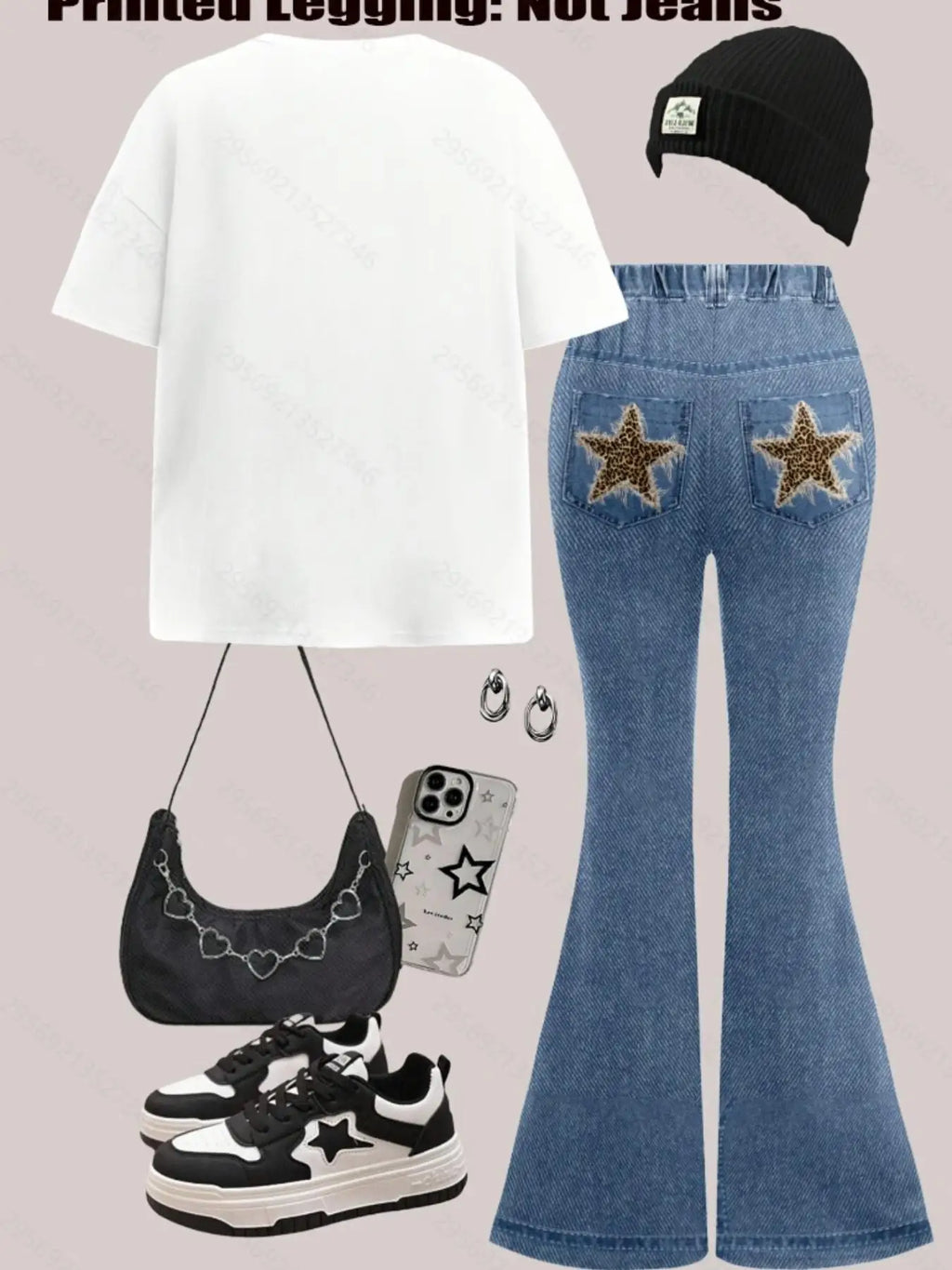 Ensemble décontracté deux pièces pour filles : T-shirt à manches courtes et col rond et pantalon évasé – Avec imprimé léopard rétro et motifs étoiles pour