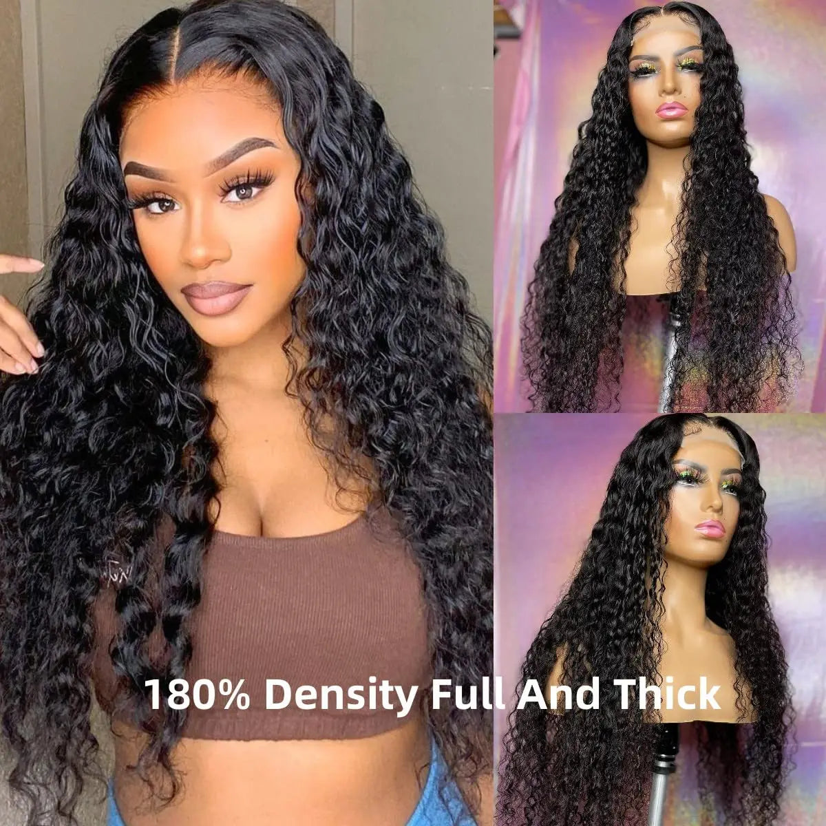 Perruques Lace Front Wig sans colle bouclées profondes, cheveux humains pour femmes, Transparent 4x4, fermeture en dentelle sans colle, cheveux bouclés