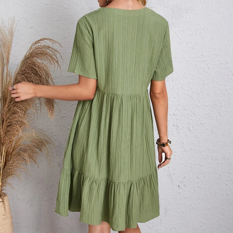 Robe d'été unie pour femmes, style bohémien, col en V, manches courtes, volants, ample, ligne A, Mini robe élégante, plage, fête, rue