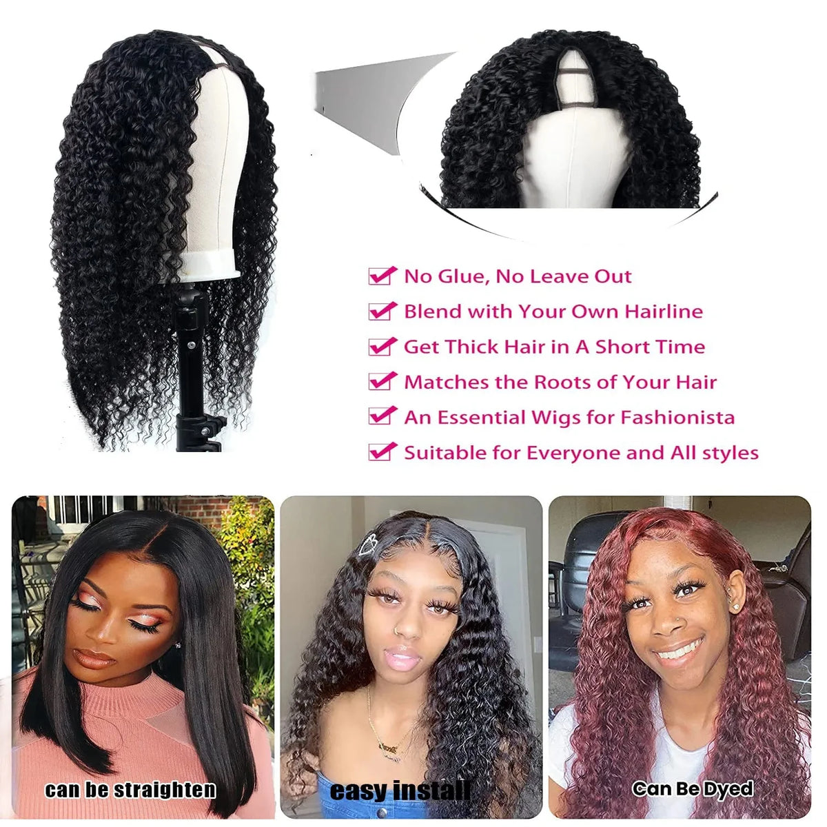 Perruque V-Part 250% Kinky Curly en Cheveux Humains, Sans Tissage apparent, Améliorée, Ondulations Profondes, Perruque Demi-Tête Sans Colle à Clipser pour Femmes