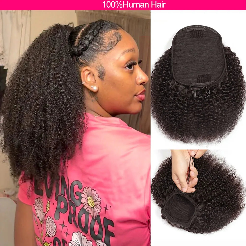 Queue de cheval 140G Kinky Curly 100% cheveux humains, extensions de cheveux humains à cordon de serrage, queue de cheval vietnamienne naturelle à clipser.