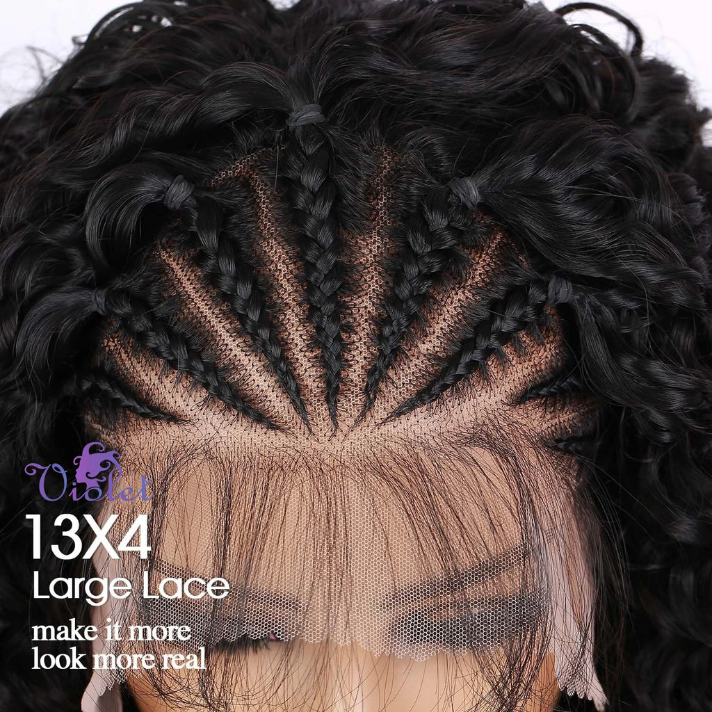 Perruque Bob tressée style cornrow, cheveux humains brésiliens bouclés profonds, sans nœuds, perruque complète en dentelle 13x4, pré-tressée, style boho box braids pour femmes