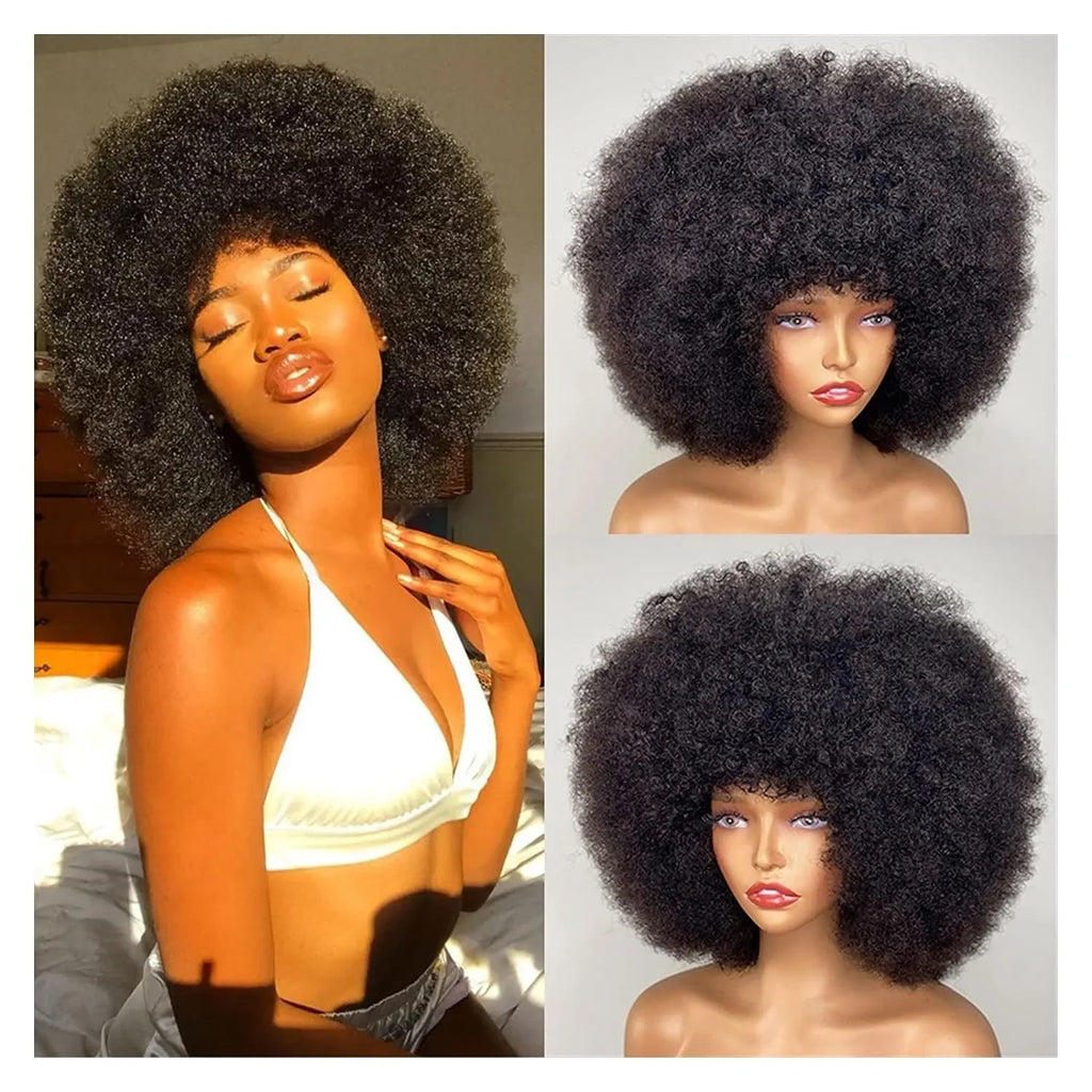 Perruques de cheveux humains bouclés Afro courts avec frange perruques Bob naturelles moelleuses perruques brésiliennes entièrement fabriquées à la Machine en vente 180% densité