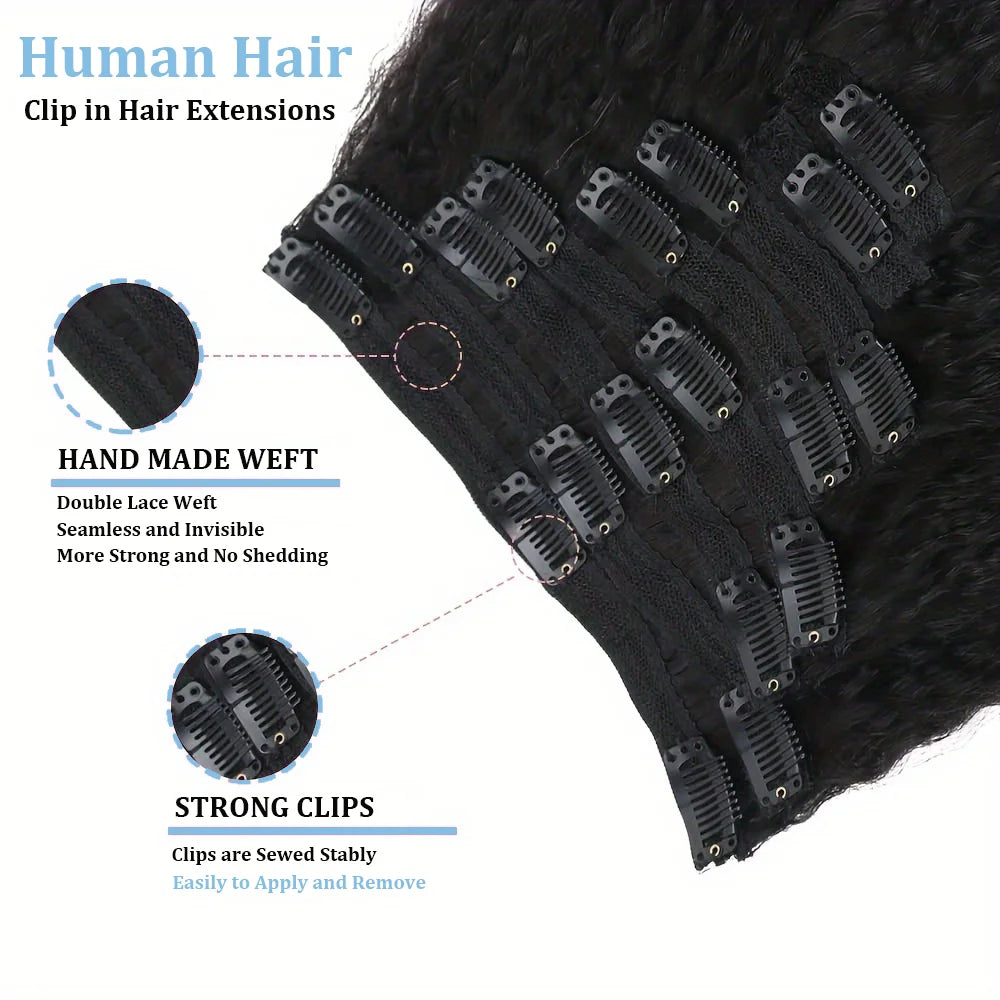 Extensions de cheveux humains crépus lisses, couleur naturelle, 100% cheveux humains Remy, 120G, 8 pièces/ensemble, tête complète pour femmes