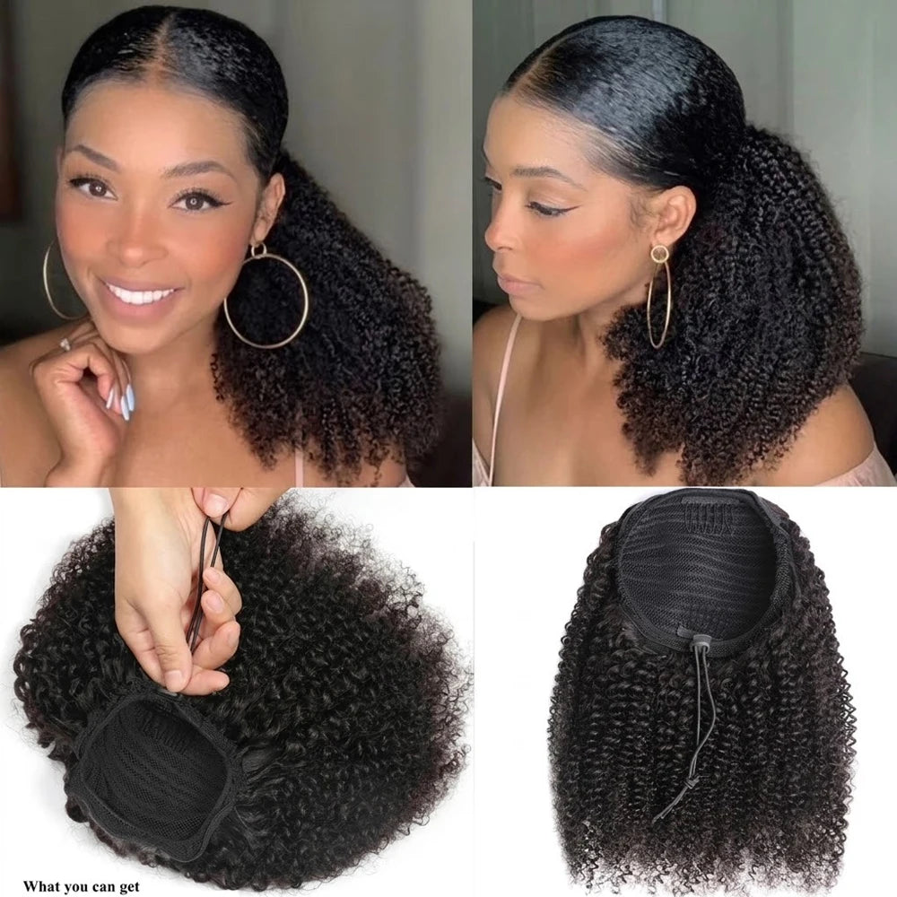 Queue de cheval 140G Kinky Curly 100% cheveux humains, extensions de cheveux humains à cordon de serrage, queue de cheval vietnamienne naturelle à clipser.