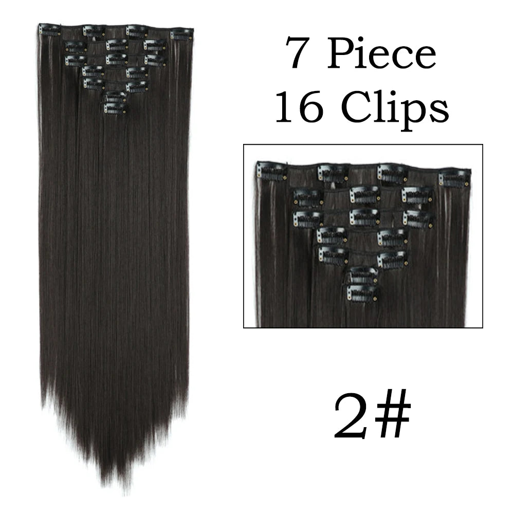 Extensions de Cheveux Synthétiques Longs et Lisses, Postiches Blondes Noires, Degré de Chaleur, Faux Cheveux, 24 Pouces, 16 Clips