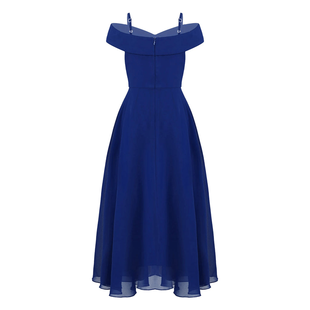 Robe de soirée élégante en mousseline de soie pour filles, épaules dénudées, bretelles Spaghetti réglables, longueur au sol, robe Maxi pour mariage, soirée d'anniversaire