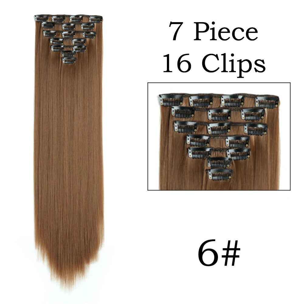 Extensions de Cheveux Synthétiques Longs et Lisses, Postiches Blondes Noires, Degré de Chaleur, Faux Cheveux, 24 Pouces, 16 Clips