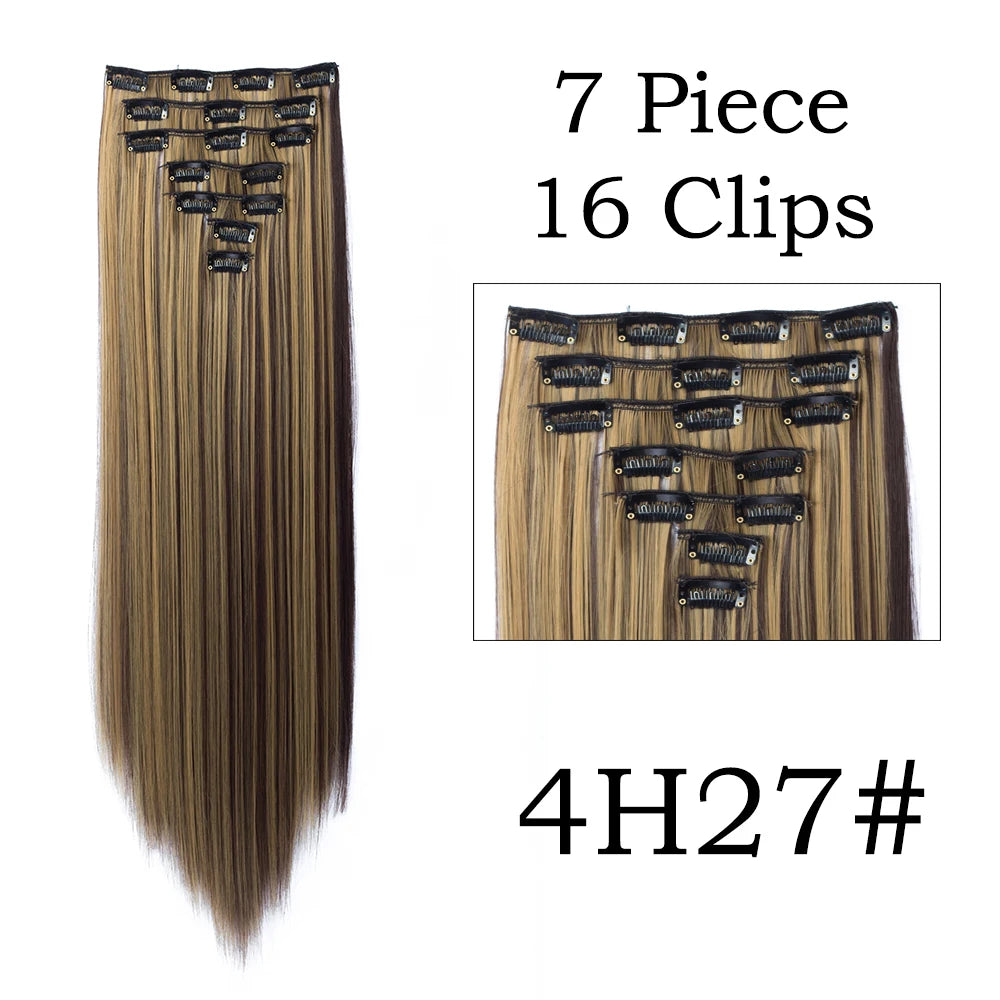 Extensions de Cheveux Synthétiques Longs et Lisses, Postiches Blondes Noires, Degré de Chaleur, Faux Cheveux, 24 Pouces, 16 Clips