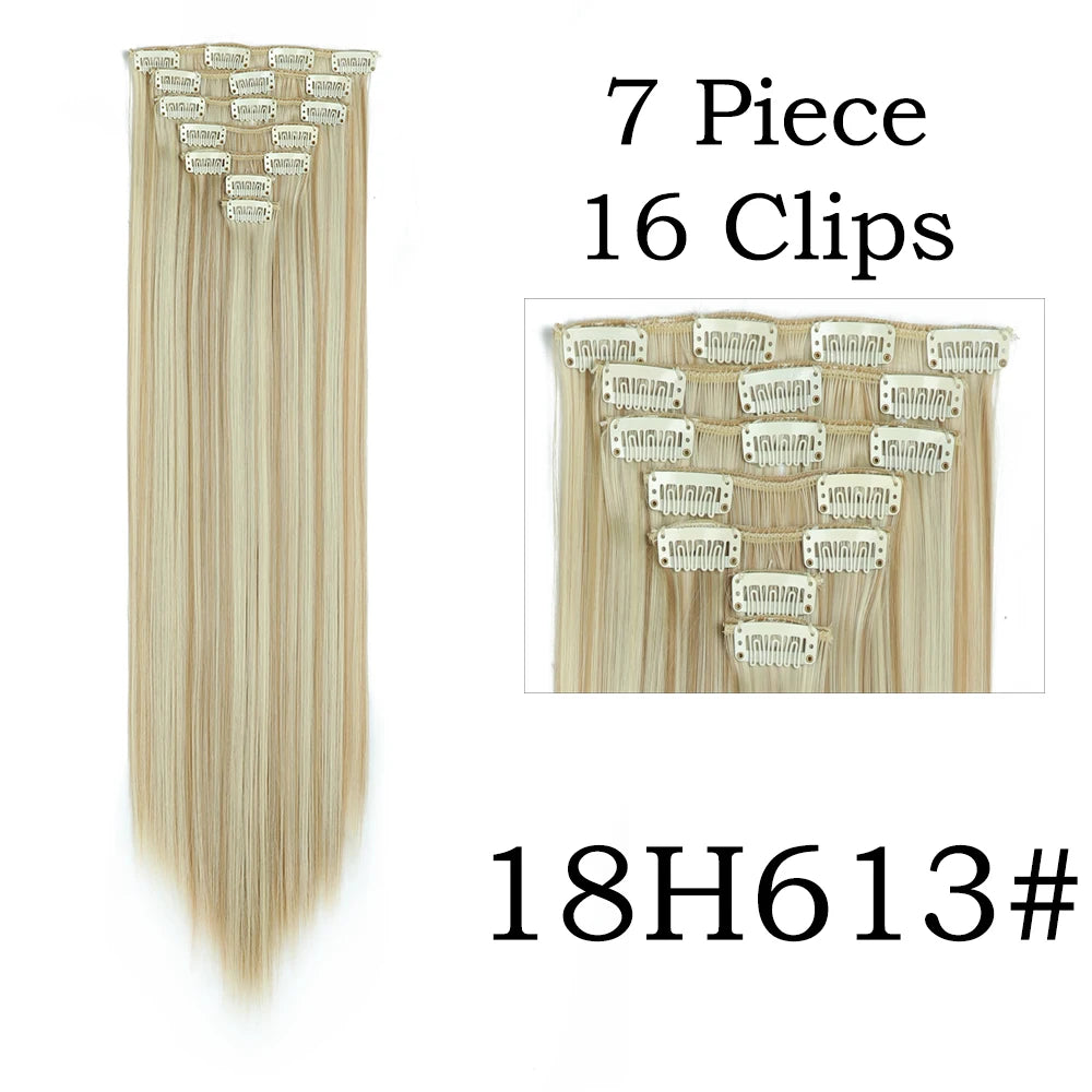 Extensions de Cheveux Synthétiques Longs et Lisses, Postiches Blondes Noires, Degré de Chaleur, Faux Cheveux, 24 Pouces, 16 Clips