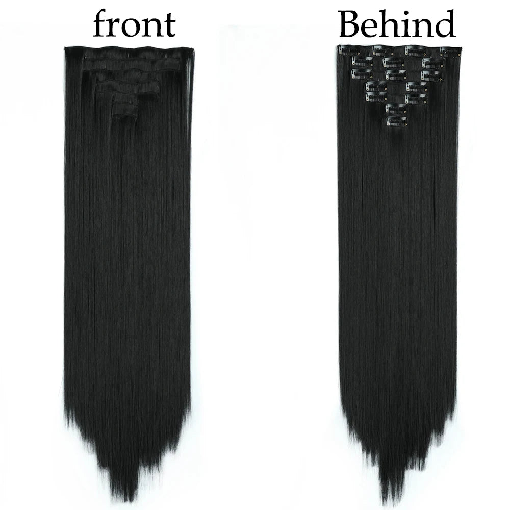 Extensions de Cheveux Synthétiques Longs et Lisses, Postiches Blondes Noires, Degré de Chaleur, Faux Cheveux, 24 Pouces, 16 Clips