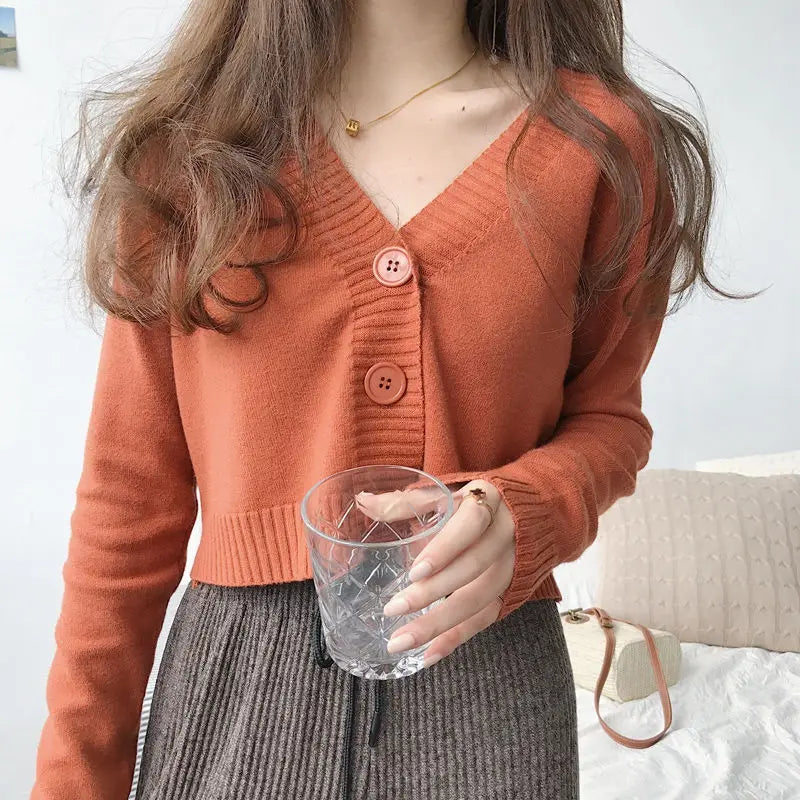 Cardigan court en tricot pour femme, style coréen, pull court à manches longues, col en V, élégant, pour le printemps et l'automne