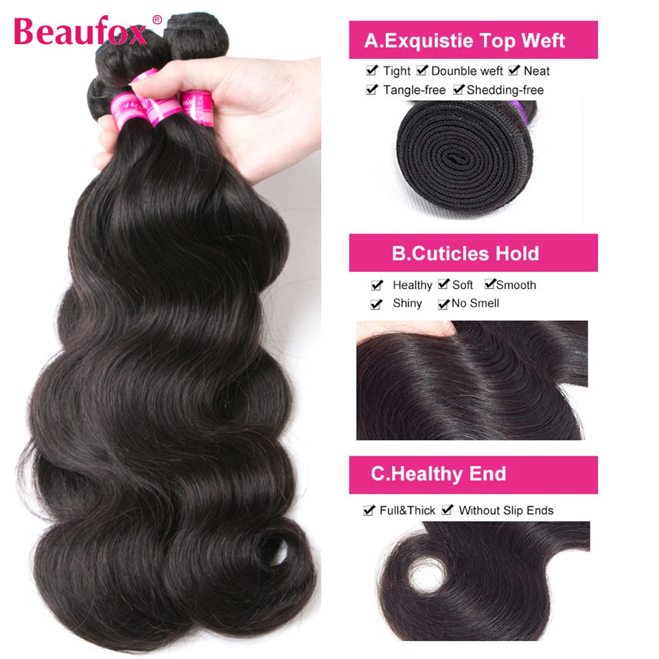 Beaufox corps vague paquets cheveux brésiliens armure paquets 1/3/4 pièces paquets de cheveux humains naturel/noir de jais 8-30 "Remy Extensions de cheveux