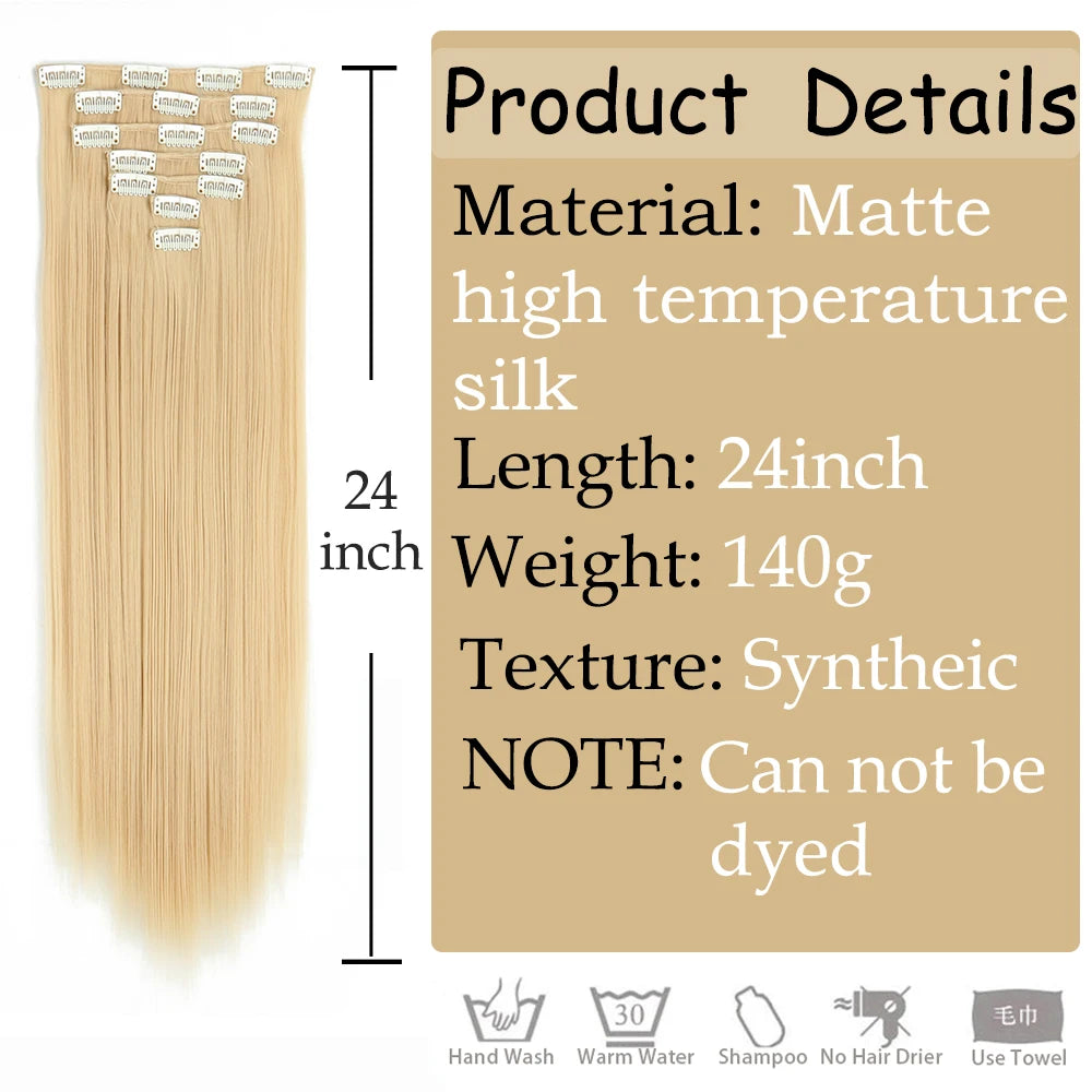 Extensions de Cheveux Synthétiques Longs et Lisses, Postiches Blondes Noires, Degré de Chaleur, Faux Cheveux, 24 Pouces, 16 Clips