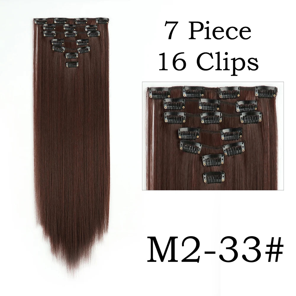 Extensions de Cheveux Synthétiques Longs et Lisses, Postiches Blondes Noires, Degré de Chaleur, Faux Cheveux, 24 Pouces, 16 Clips