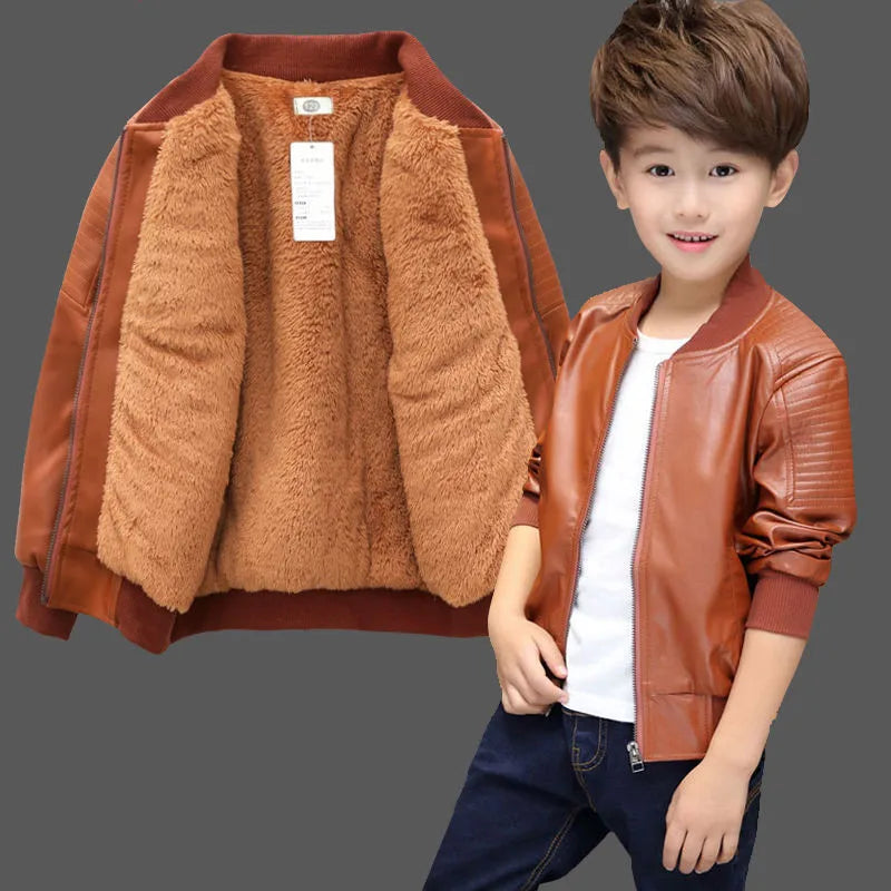 Manteaux pour garçons, mode automne-hiver, deux styles, avec ou sans velours, veste en cuir PU et coton chaud pour enfants de 1 à 11 ans