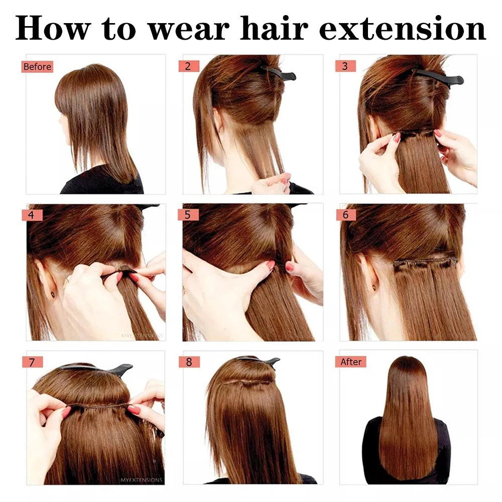 Extensions de Cheveux Synthétiques Longs et Lisses, Postiches Blondes Noires, Degré de Chaleur, Faux Cheveux, 24 Pouces, 16 Clips