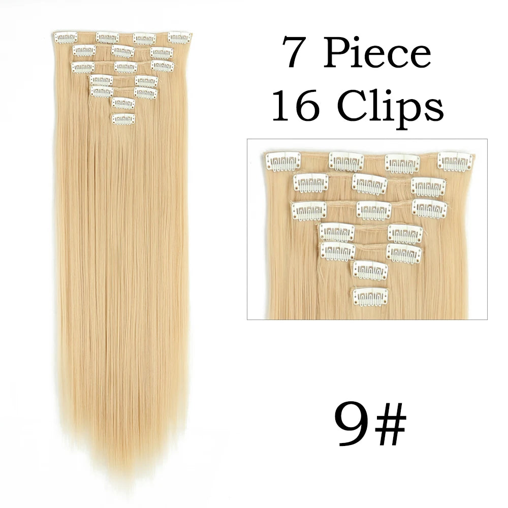 Extensions de Cheveux Synthétiques Longs et Lisses, Postiches Blondes Noires, Degré de Chaleur, Faux Cheveux, 24 Pouces, 16 Clips