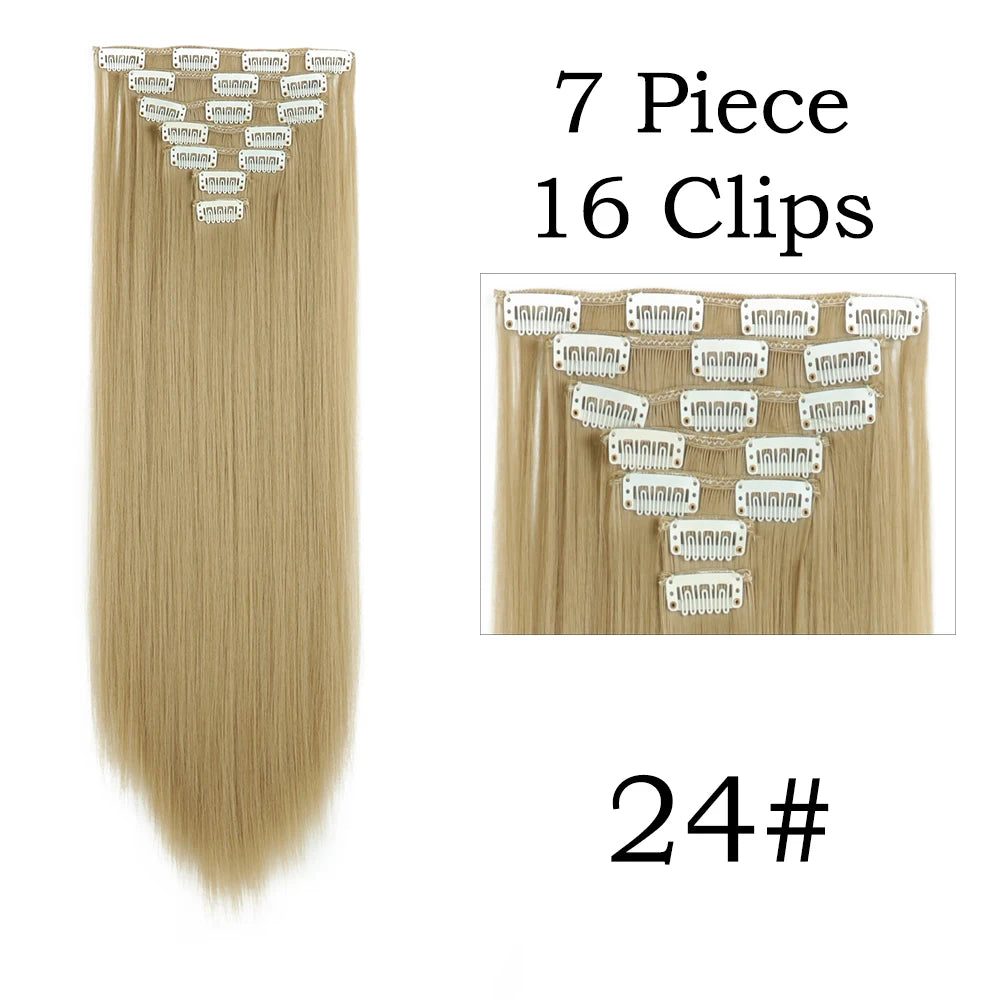 Extensions de Cheveux Synthétiques Longs et Lisses, Postiches Blondes Noires, Degré de Chaleur, Faux Cheveux, 24 Pouces, 16 Clips