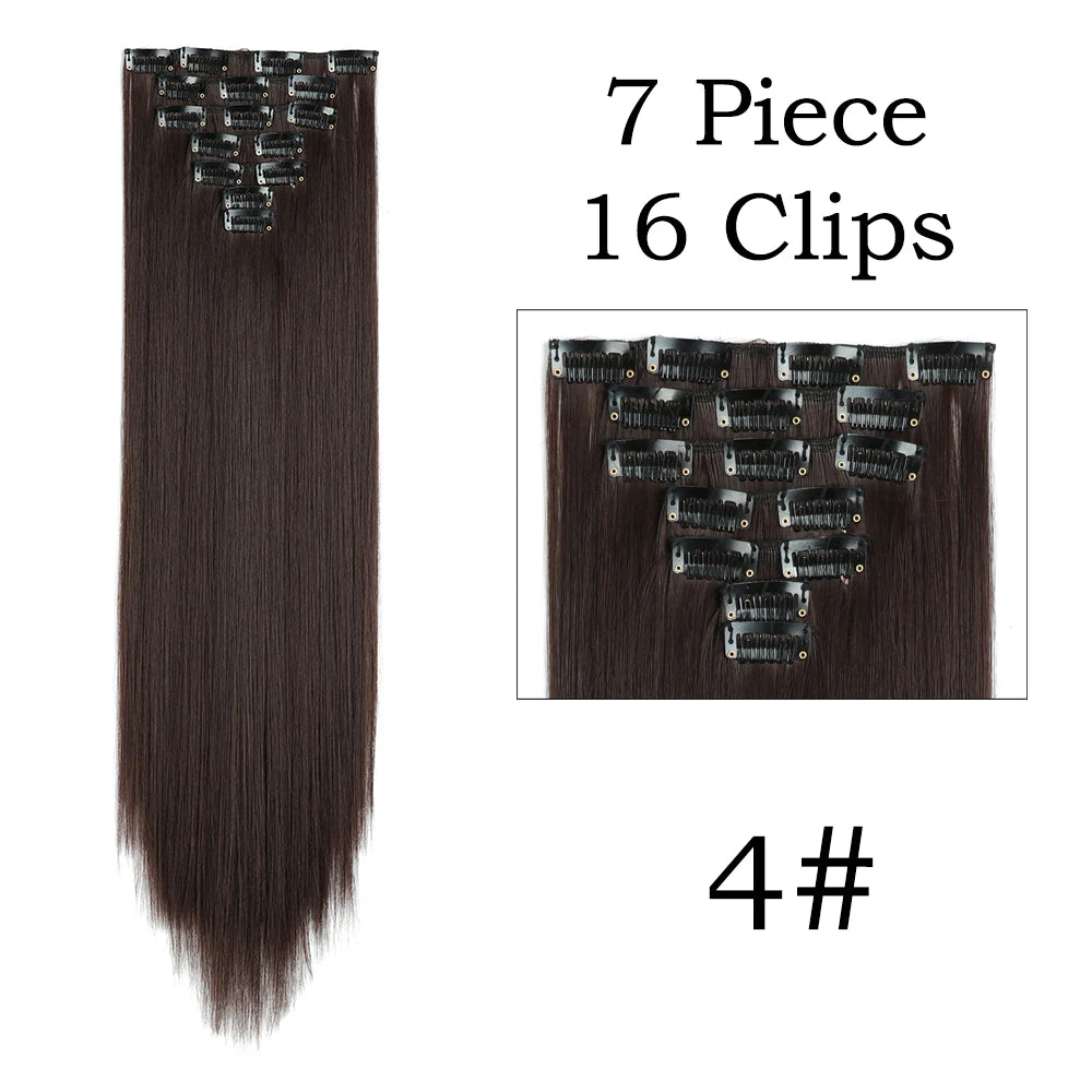 Extensions de Cheveux Synthétiques Longs et Lisses, Postiches Blondes Noires, Degré de Chaleur, Faux Cheveux, 24 Pouces, 16 Clips