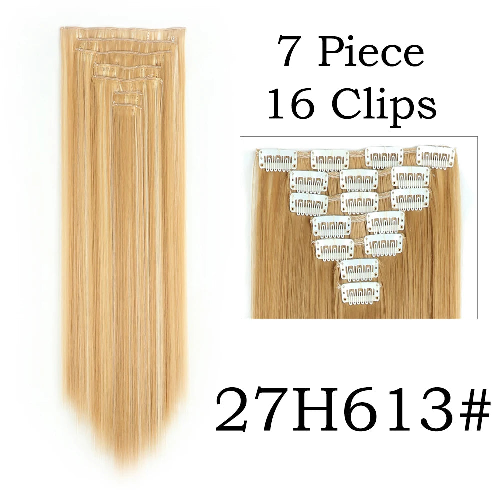 Extensions de Cheveux Synthétiques Longs et Lisses, Postiches Blondes Noires, Degré de Chaleur, Faux Cheveux, 24 Pouces, 16 Clips