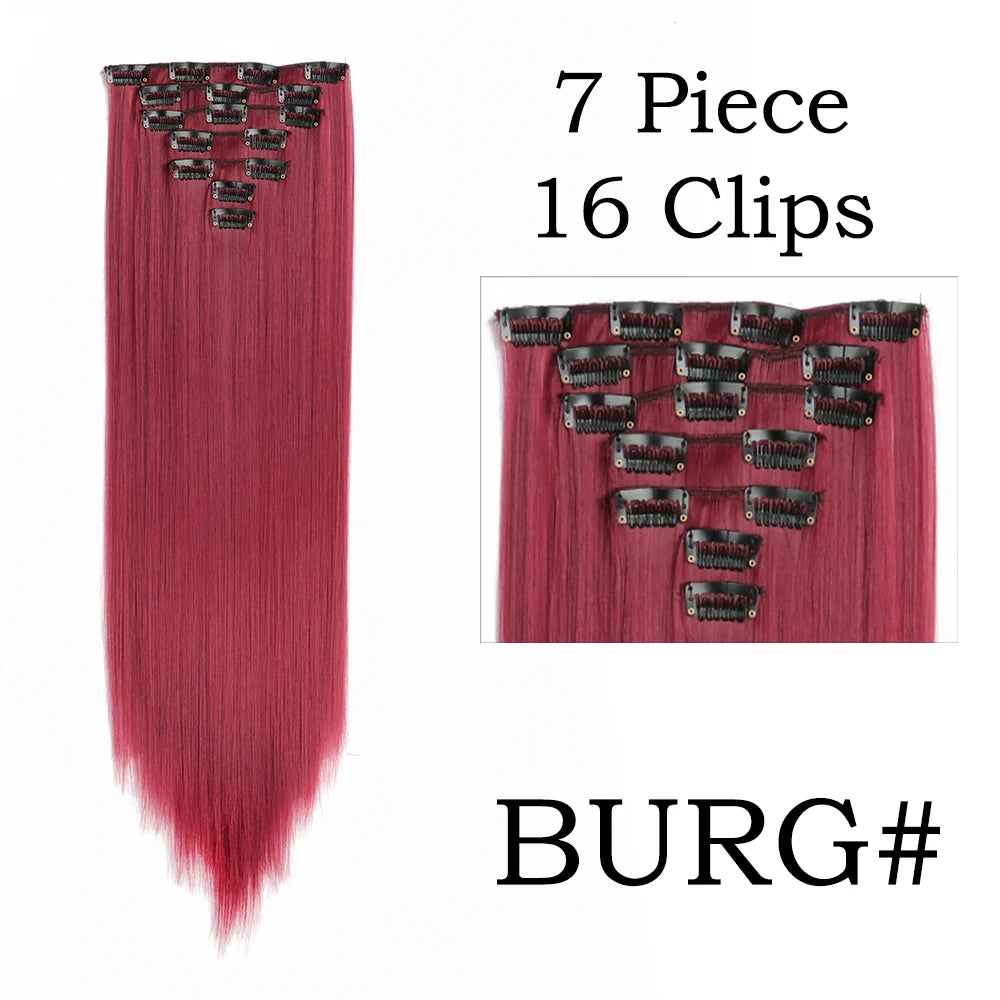 Extensions de Cheveux Synthétiques Longs et Lisses, Postiches Blondes Noires, Degré de Chaleur, Faux Cheveux, 24 Pouces, 16 Clips