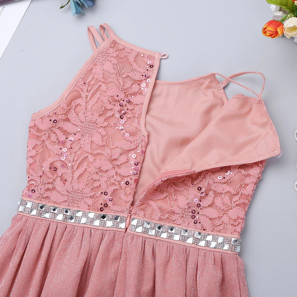 Iiniim-Robe brillante en dentelle florale à paillettes pour adolescentes, robe d'été formelle pour mariage et fête d'anniversaire