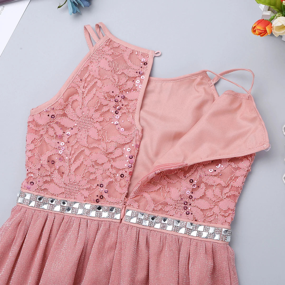 Iiniim-Robe brillante en dentelle florale à paillettes pour adolescentes, robe d'été formelle pour mariage et fête d'anniversaire