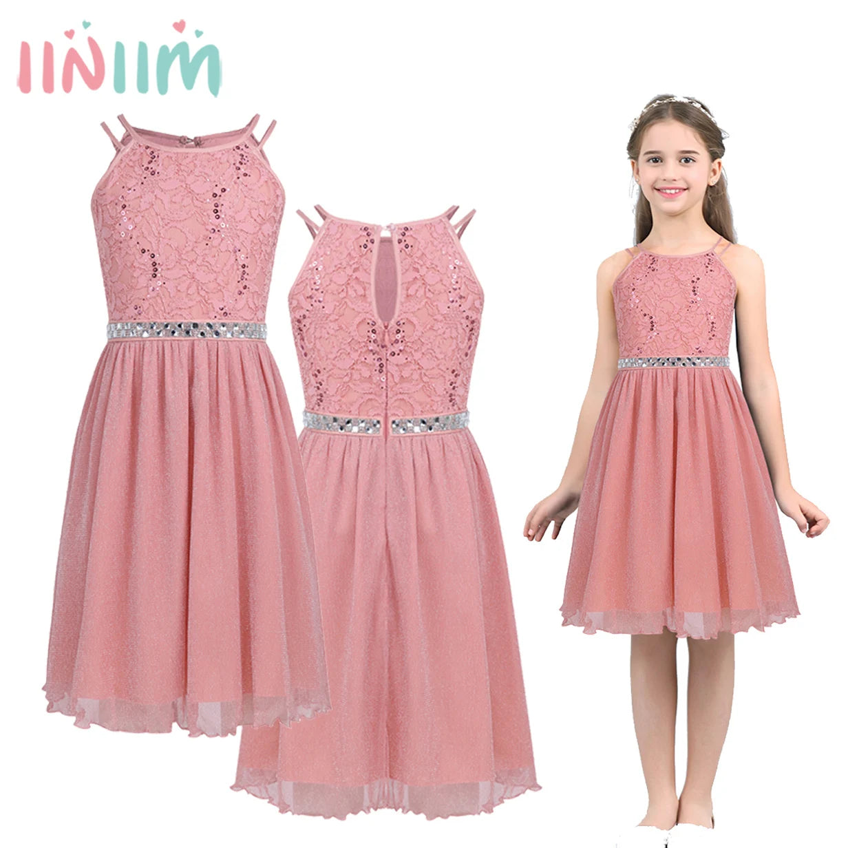 Iiniim-Robe brillante en dentelle florale à paillettes pour adolescentes, robe d'été formelle pour mariage et fête d'anniversaire