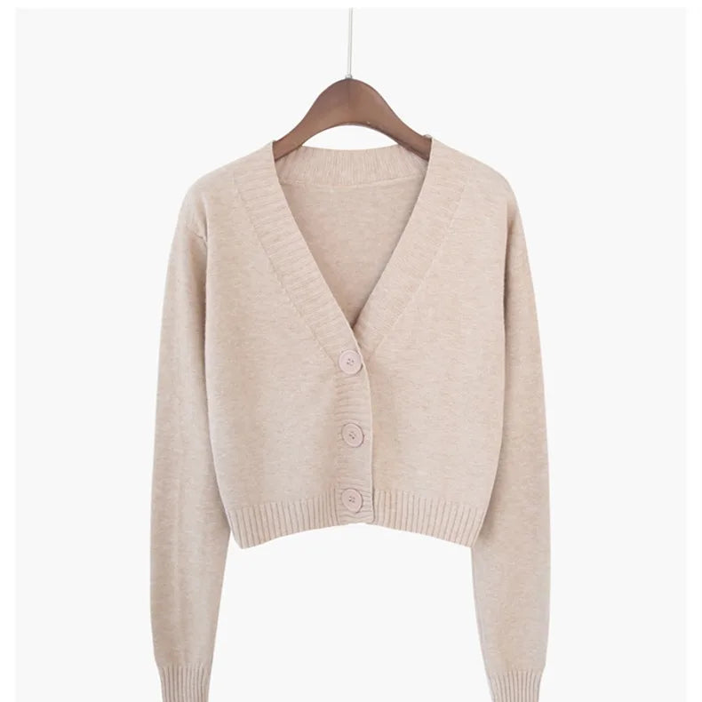 Cardigan court en tricot pour femme, style coréen, pull court à manches longues, col en V, élégant, pour le printemps et l'automne