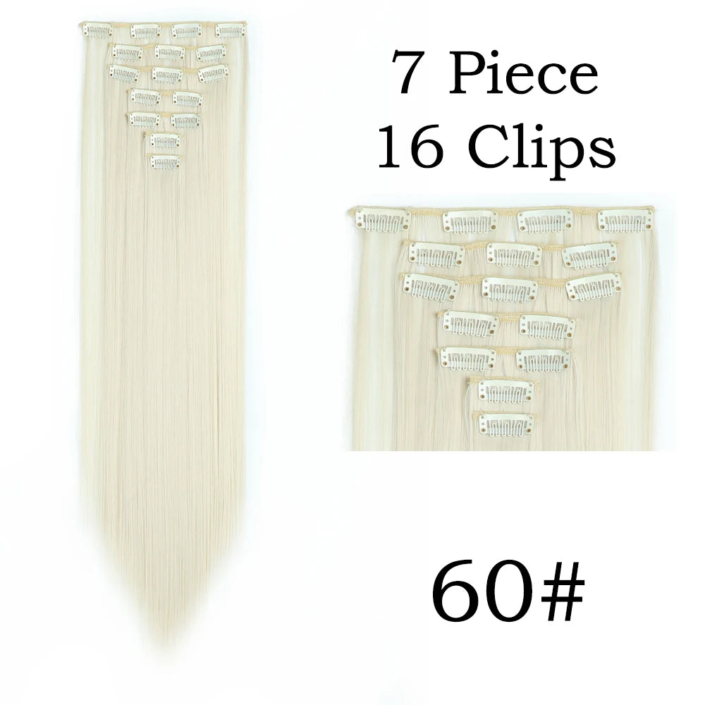 Extensions de Cheveux Synthétiques Longs et Lisses, Postiches Blondes Noires, Degré de Chaleur, Faux Cheveux, 24 Pouces, 16 Clips