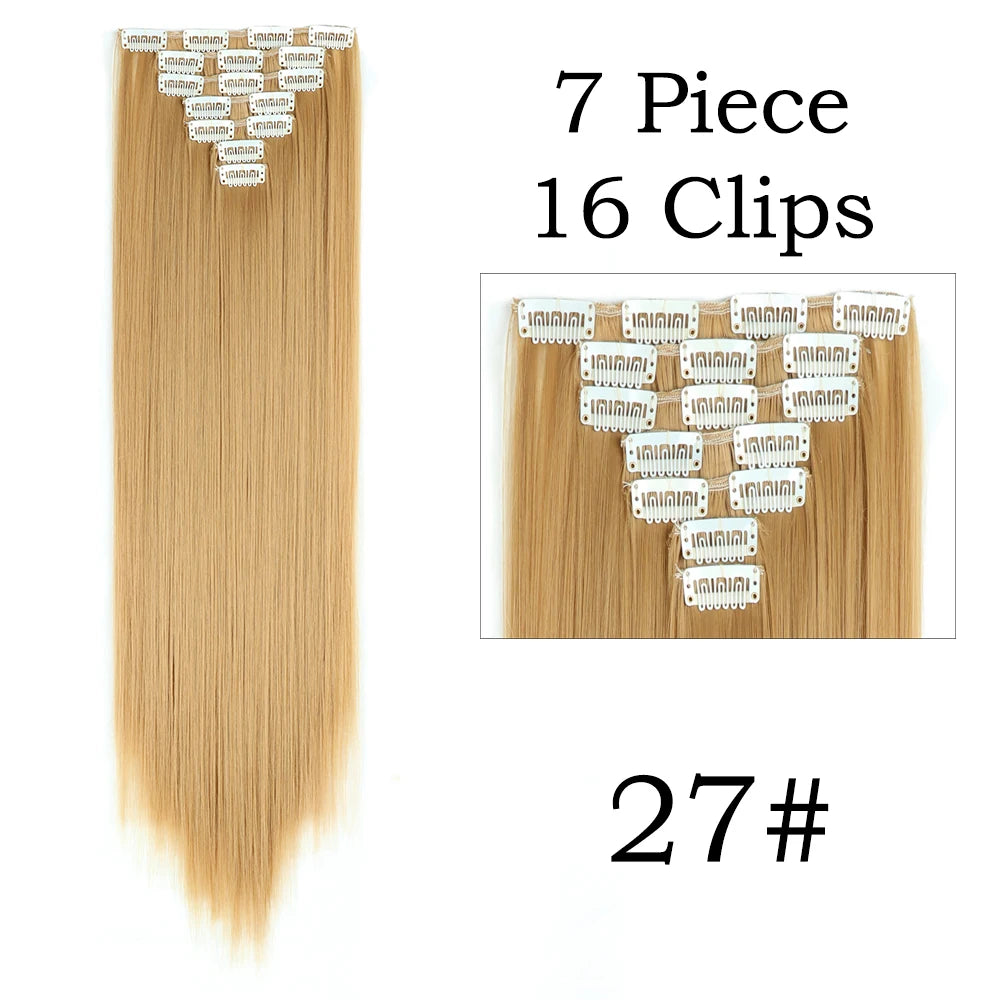 Extensions de Cheveux Synthétiques Longs et Lisses, Postiches Blondes Noires, Degré de Chaleur, Faux Cheveux, 24 Pouces, 16 Clips